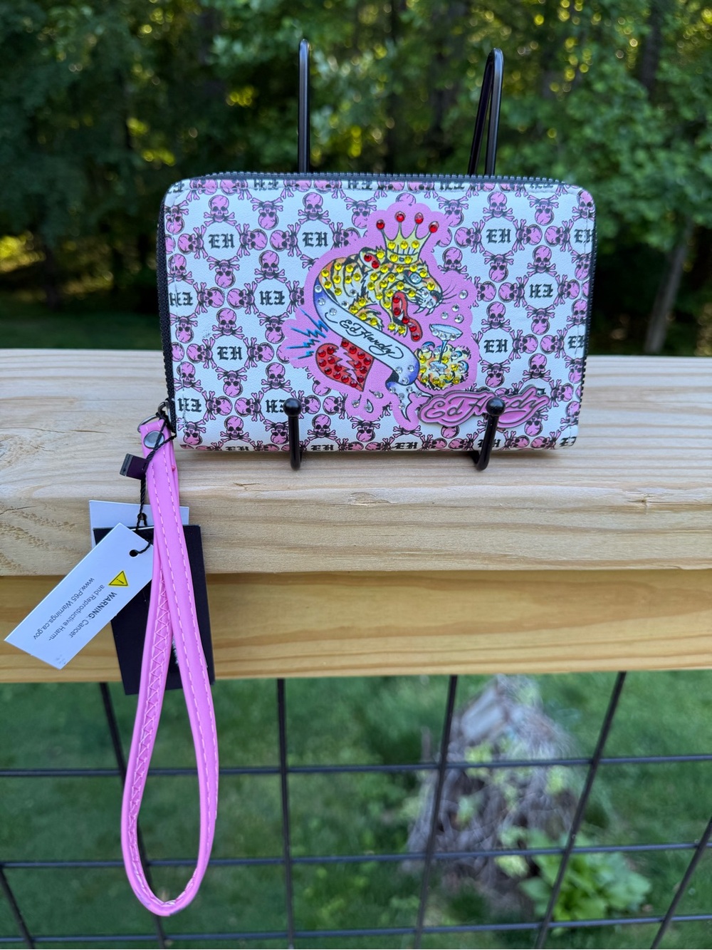 Ed Hardy Pink and White Tattoo-Print Wristlet Wallet
